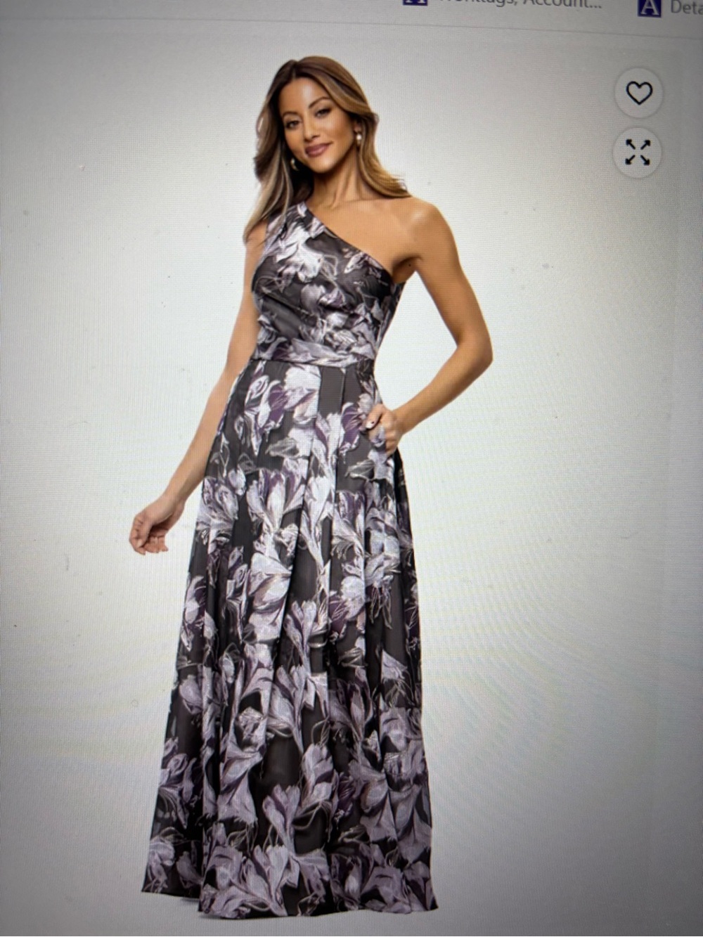 Xscape One-Shoulder Floral Evening Gown in Black and Lilac